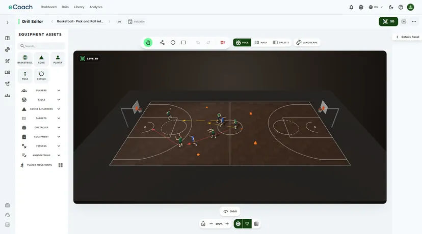 The eCoach drill editor on a 3D basketball court with players and equipment