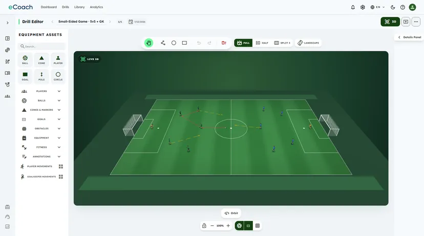 The eCoach drill editor in Live 3D on a realistic 3D football pitch