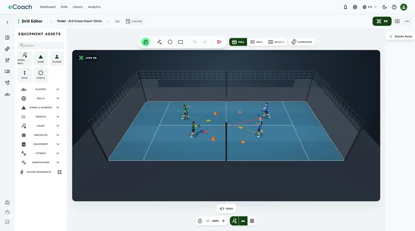 The eCoach drill editor on a 3D walled padel court