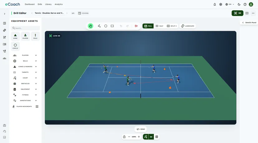 The eCoach drill editor on a 3D tennis court with players holding rackets