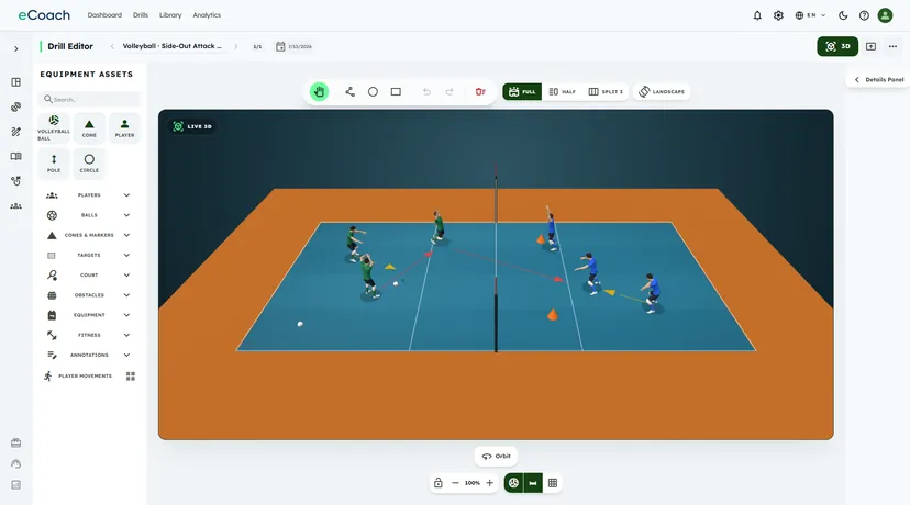 The eCoach drill editor on a 3D volleyball court split by the net